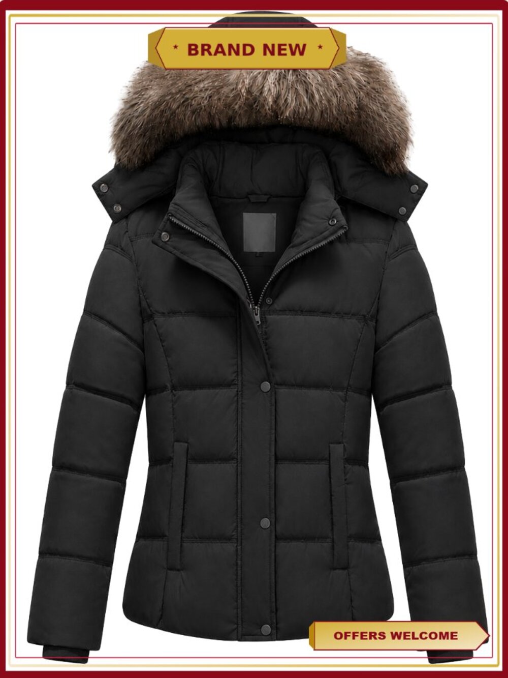 Women's Puffer Jacket Waterproof Hooded Winter Coat Quilted